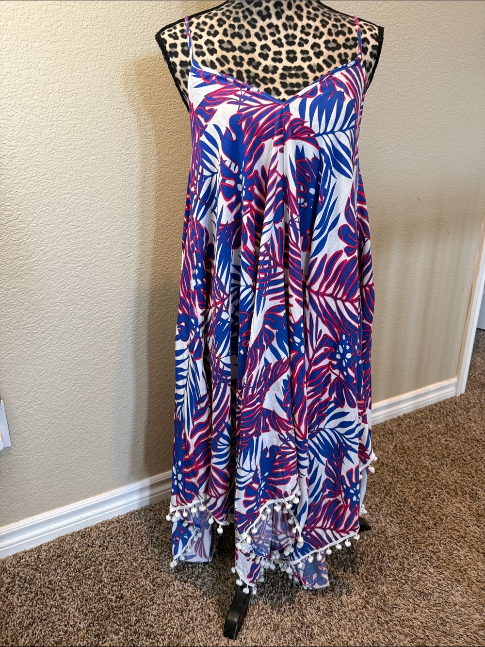 Japna Red, white, and blue Tropical Pom-Pom Swim Coverup
